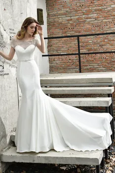 2020 robe de mariee, Кружевное Атласное Свадебное платье Русалки, Сексуальная Иллюзия, платья невесты с вырезом лодочкой, vestido de noiva