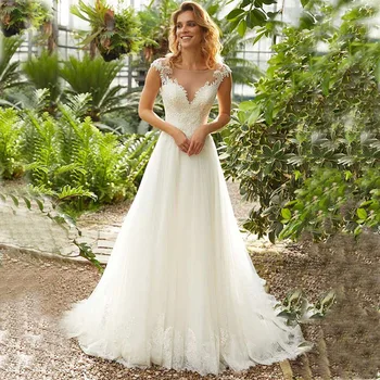 2020 Элегантное свадебное платье с тюлевыми рукавами-чепчиками и кружевной аппликацией Трапециевидные платья принцессы невесты