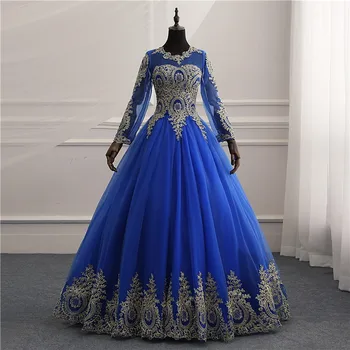 8 Слоев Нового Vestidos De Noiva Royal Blue Tull Винтажное Свадебное Платье С Длинным Рукавом И Золотой Кружевной Вышивкой Невесты Свадебные Платья На Заказ