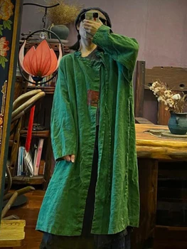 Johnature, женский винтажный льняной бандажный тренч, осенние пальто-стойка с длинным рукавом, Однотонный 2023, Новый Свободный женский качественный тренч