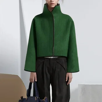 Lemongor 2023 Весенние женские винтажные куртки Зеленого цвета с длинными рукавами, однотонная модная повседневная верхняя одежда с воротником-стойкой для женщин, Новинка