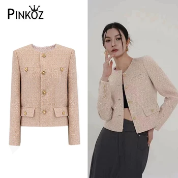 Pinkoz женские дизайнерские женские розовые роскошные брендовые облегающие твидовые куртки, однобортные карманы с круглым вырезом, осенне-зимнее короткое пальто z