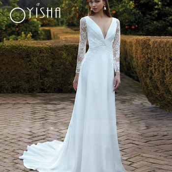Атласное свадебное платье с аппликацией OYISHA, Элегантные свадебные платья с V-образным вырезом и пуговицами с длинным рукавом, Свадебная вечеринка на заказ, Vestido de novia