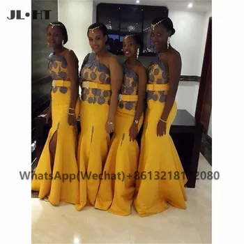 Африканские Желтые Платья Подружек Невесты Русалки с Серыми Кружевными Поясами, Эластичное Атласное Черное Платье Подружки Невесты Для Свадебной Вечеринки Для девочек