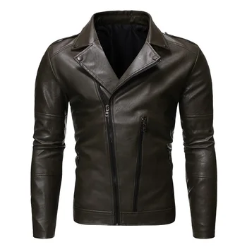 Весенне-осенняя мужская мотоциклетная кожаная куртка Мотоциклетная куртка однотонного цвета с лацканами, Корейская версия, приталенное пальто из искусственной кожи, Азиатский размер