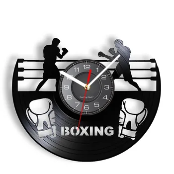 Виниловые настенные часы в стиле боксерской игры, Подвесной декор боксерского клуба, Силуэт перчатки для арены, Настенные часы с подсветкой