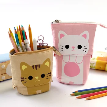 Выдвижной пенал с рисунком милого кота, сумка для школьных принадлежностей, Кавайные пеналы для ручек, холщовый держатель для ручек большой емкости, подарки для детей