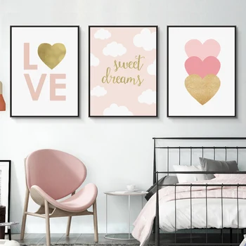 Детская Румяно-розовая картина на холсте для спальни девочки, плакаты и принты на стену в скандинавском стиле, картина для домашнего декора с золотым сердцем и любовью