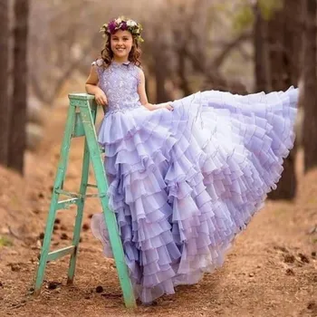 Детское платье с цветочным узором для девочек на свадьбу, платье принцессы для девочек лавандового цвета, кружевное платье без рукавов для малышей, многоуровневое платье для дня рождения