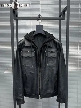 Модная мужская мотоциклетная куртка из натуральной кожи в стиле панк со съемным капюшоном на молнии с длинным рукавом, весенняя уличная одежда из воловьей кожи, короткое пальто для мужчин