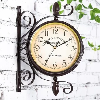 Настенные часы Nordic с двойным циферблатом, ретро Металл, Черное бесшумное железо, Шикарные настенные часы для домашнего декора