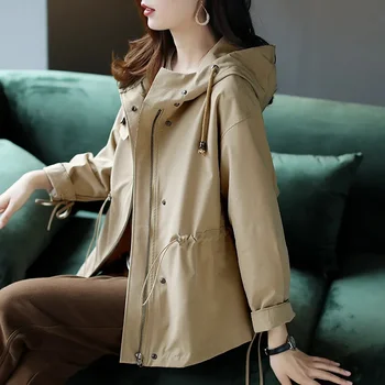 Новые осенние женские куртки в корейском стиле, повседневная свободная ветровка с длинным рукавом, женские базовые пальто с капюшоном и короткой талией, верхняя одежда, женские