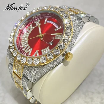 Новый бренд Hot Iced Out Moissanite Часы Мужские Роскошные Модные Золотисто-красные наручные часы С автоматической датой Недели Ювелирные Часы Мужские