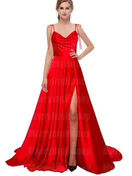 Платье на бретельках для выпускного вечера, длинное женское платье с V-образным вырезом, вечернее платье с разрезом сбоку, атласное вечернее платье без спинки, плюс размер