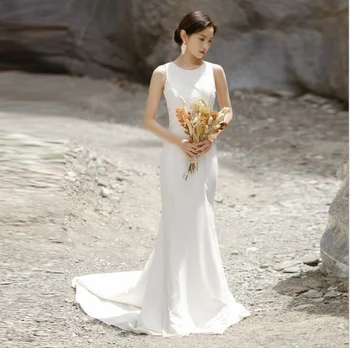 Простое свадебное платье Русалки из атласа со шлейфом, без рукавов, Платья невесты в корейском стиле с круглым вырезом, vestido de noiva 2022
