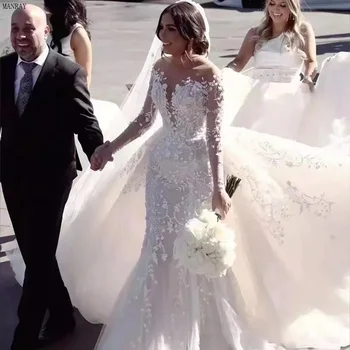 Роскошное свадебное платье-русалка MANRAY 2 В 1 со съемной вышивкой из кружева и бисера с круглым вырезом в стиле тяжелой промышленности Vestidos De Novia 2023