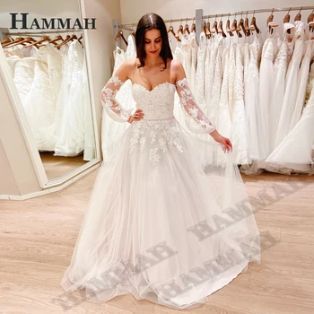 Свадебное платье HAMMAH Claasic для женщин 2023 Невесты с V образным вырезом и длинным рукавом, современные свадебные платья из тюля трапециевидной формы со шлейфом и шнуровкой