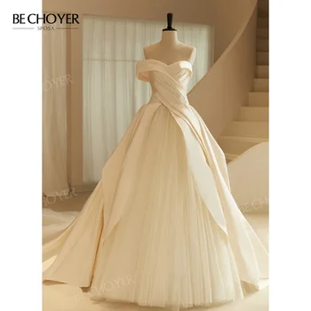 Свадебное платье Атласное Милое Трапециевидное Шикарное Многоуровневое Платье Невесты Без Рукавов 2023 Придворный Шлейф Принцессы BECHOYER B380 Vestido de Noiva