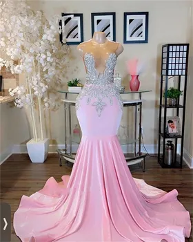 Серебристо-розовые платья для выпускного вечера для чернокожих девочек Русалка в арабском стиле Aso Ebi, вечерние платья с прозрачным вырезом, Vestido corte princesag