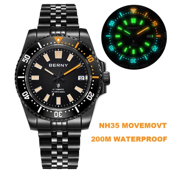Спортивные часы BERNY Автоматические Механические наручные часы 200M Diver Мужские военные часы 40 мм из нержавеющей стали Суперсветящиеся часы