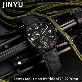 Универсальный ремешок для часов из холста и кожи 20 мм, 22 мм, 24 мм, черный и зелено-синий мужской ремешок для военных часов, браслет ручной работы