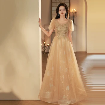 Элегантное золотое вечернее платье LAMYA, кружевные аппликации, платье для выпускного вечера трапециевидной формы с коротким рукавом, женские юбки Vestido De Festa